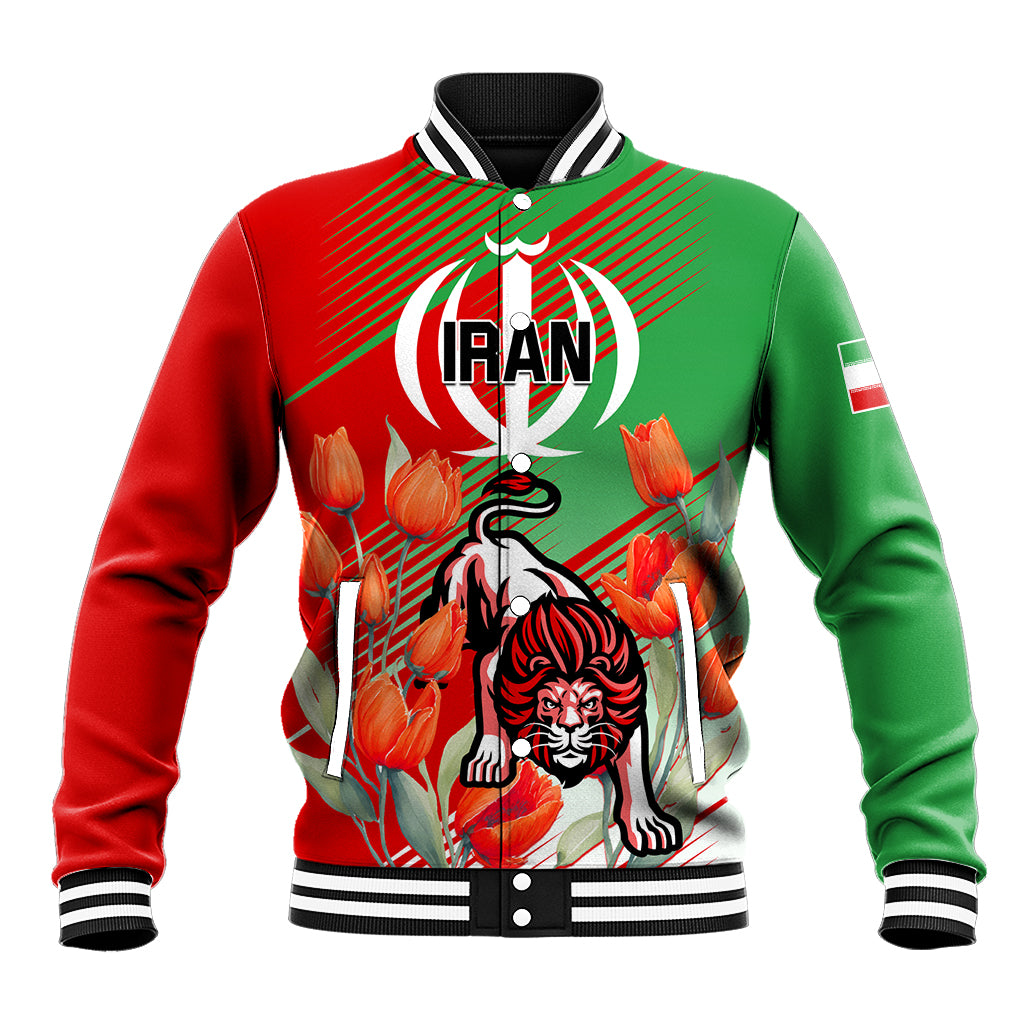 Iran Republic Day Baseball Jacket Asiatic Lion With Tulip Flower - Wonder Print Shop