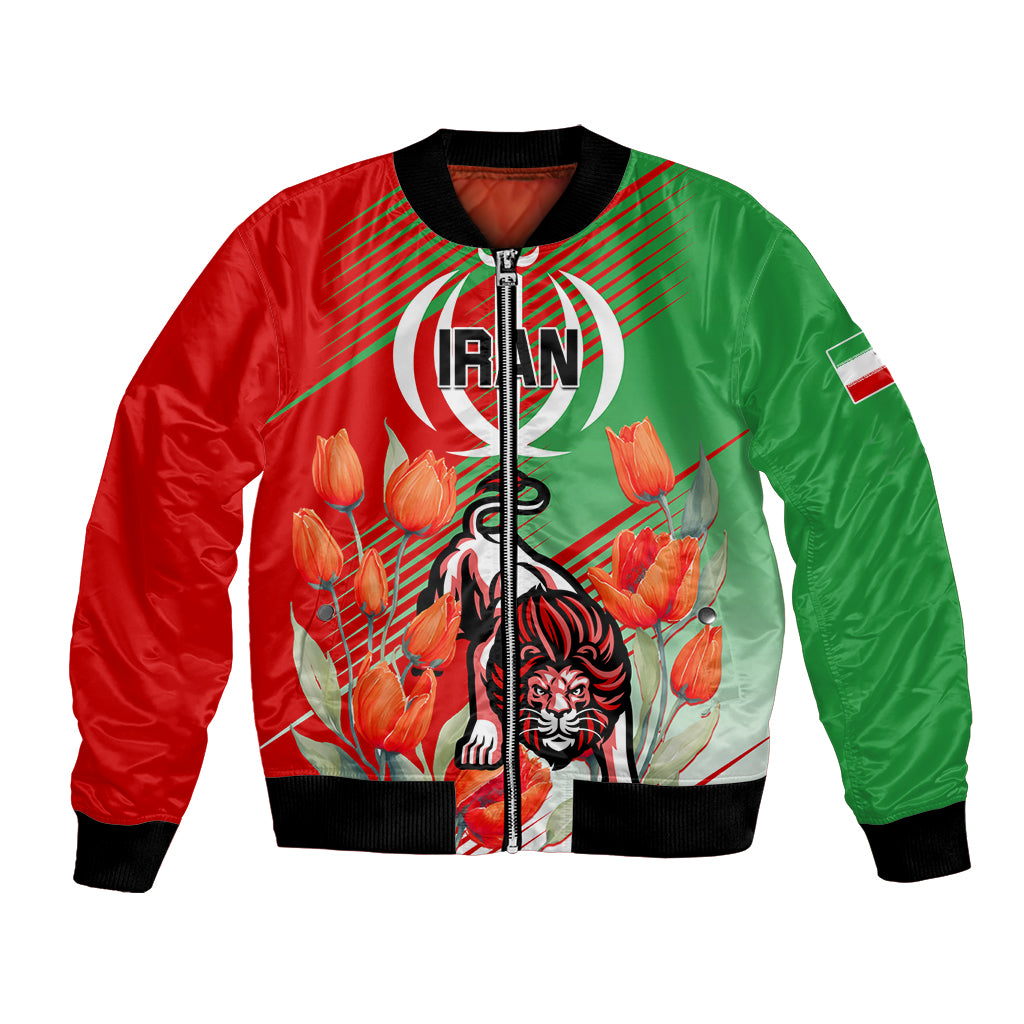 Iran Republic Day Bomber Jacket Asiatic Lion With Tulip Flower - Wonder Print Shop