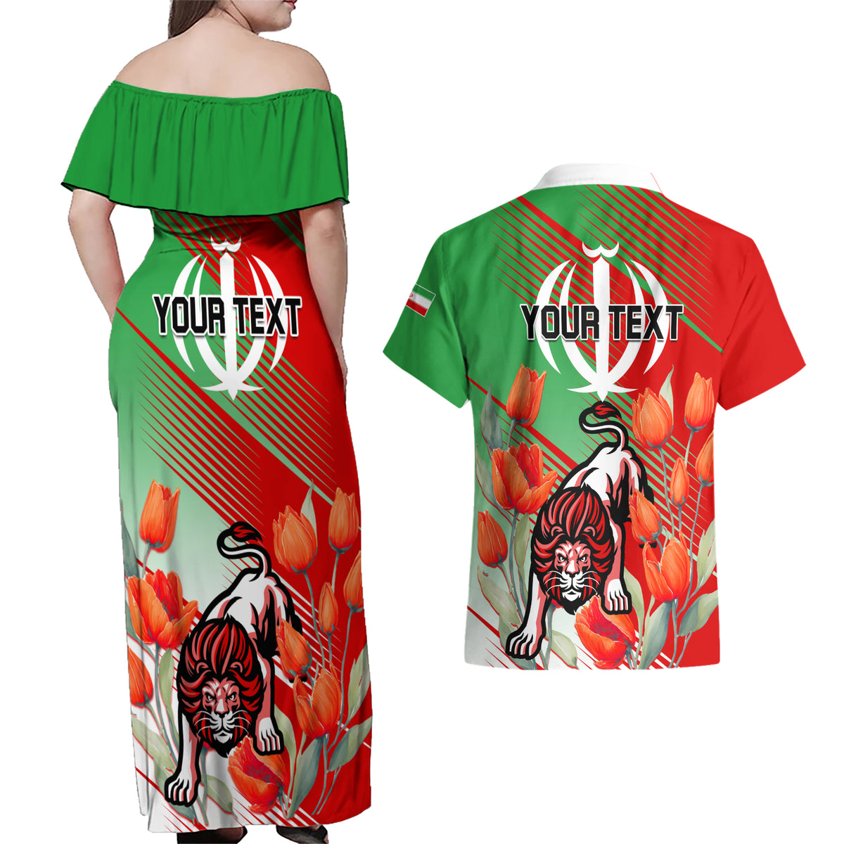 Iran Republic Day Couples Matching Off Shoulder Maxi Dress and Hawaiian Shirt Asiatic Lion With Tulip Flower - Wonder Print Shop