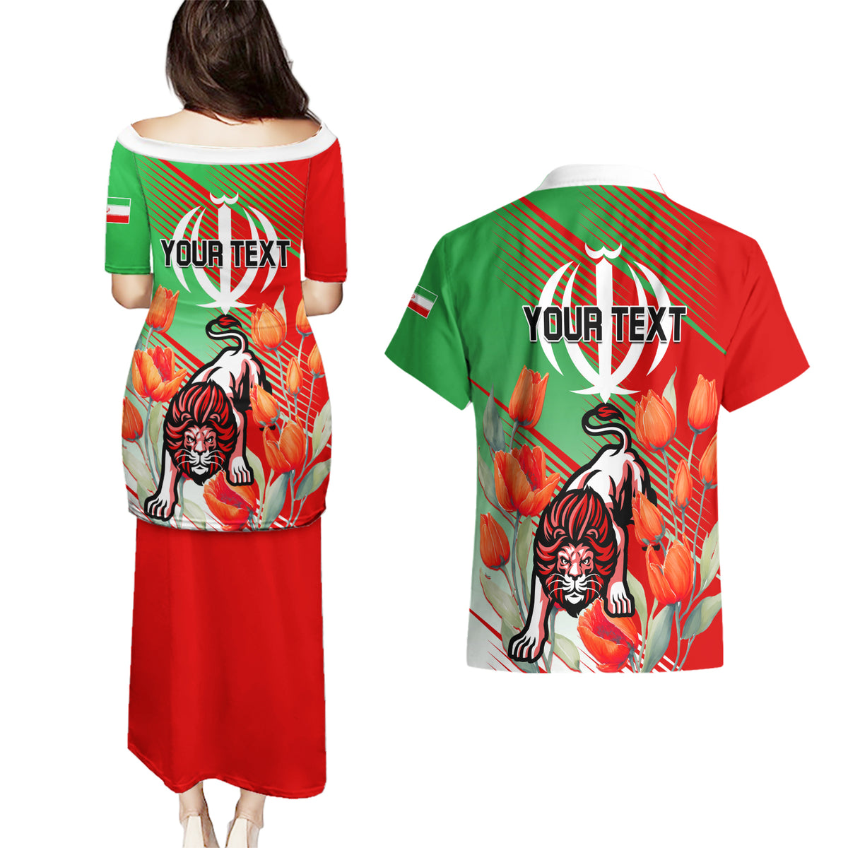 Iran Republic Day Couples Matching Puletasi and Hawaiian Shirt Asiatic Lion With Tulip Flower - Wonder Print Shop