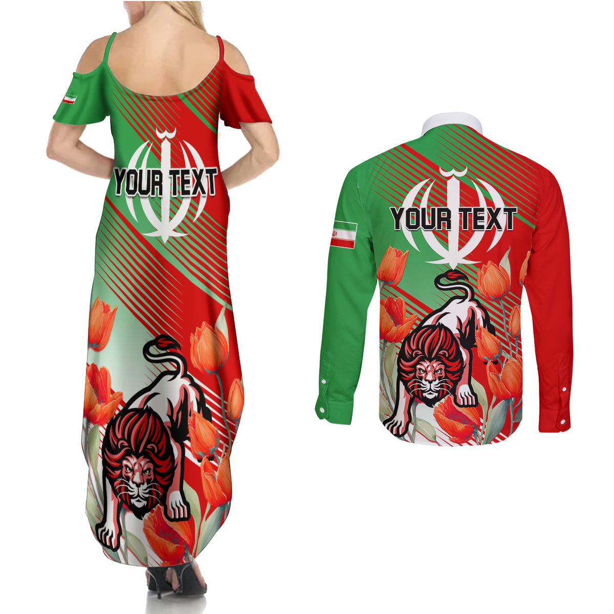 Iran Republic Day Couples Matching Summer Maxi Dress and Long Sleeve Button Shirt Asiatic Lion With Tulip Flower - Wonder Print Shop