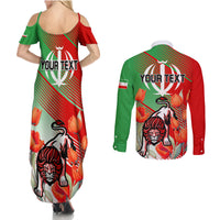 Iran Republic Day Couples Matching Summer Maxi Dress and Long Sleeve Button Shirt Asiatic Lion With Tulip Flower - Wonder Print Shop