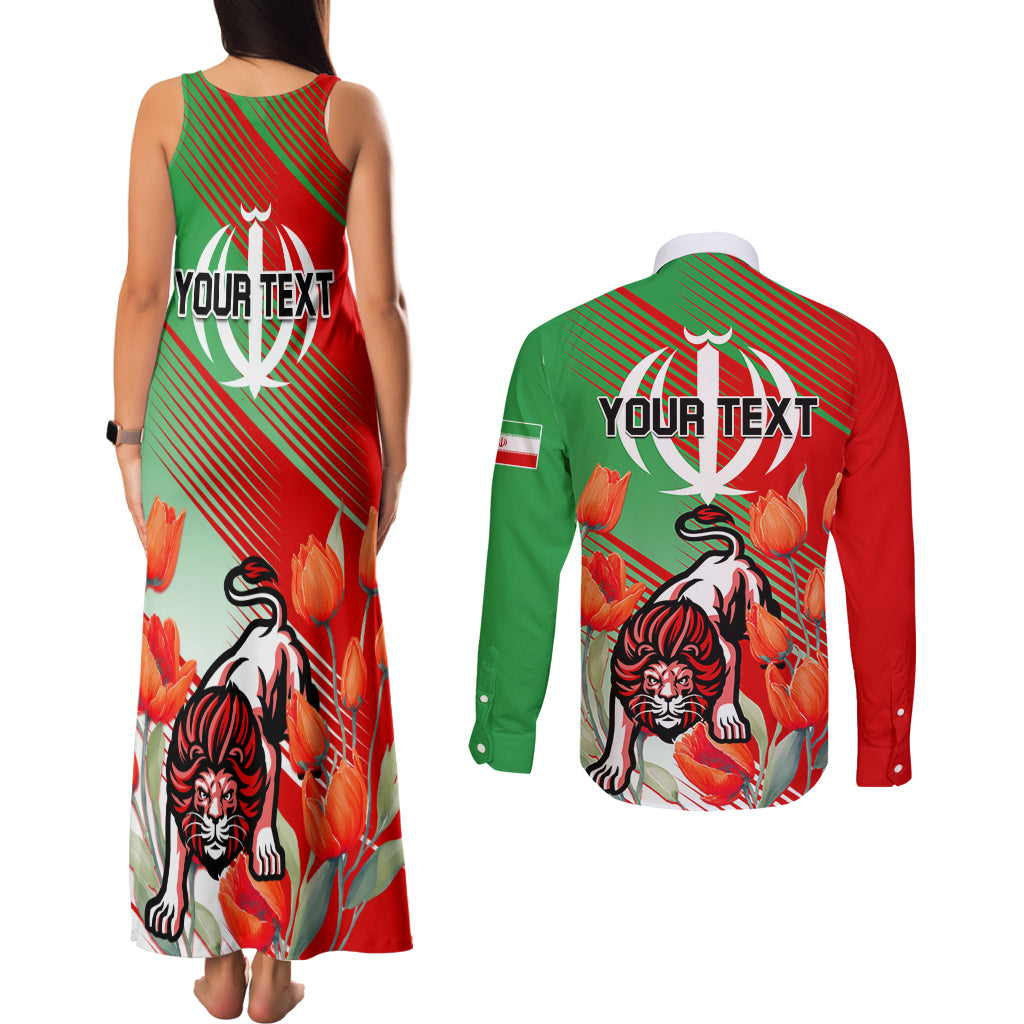 Iran Republic Day Couples Matching Tank Maxi Dress and Long Sleeve Button Shirt Asiatic Lion With Tulip Flower - Wonder Print Shop
