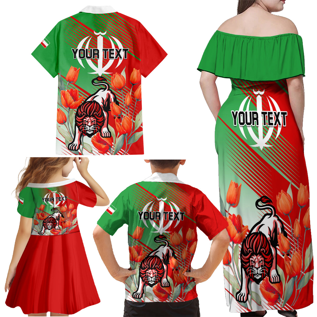 Iran Republic Day Family Matching Off Shoulder Maxi Dress and Hawaiian Shirt Asiatic Lion With Tulip Flower - Wonder Print Shop