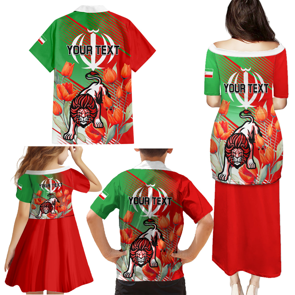Iran Republic Day Family Matching Puletasi and Hawaiian Shirt Asiatic Lion With Tulip Flower - Wonder Print Shop