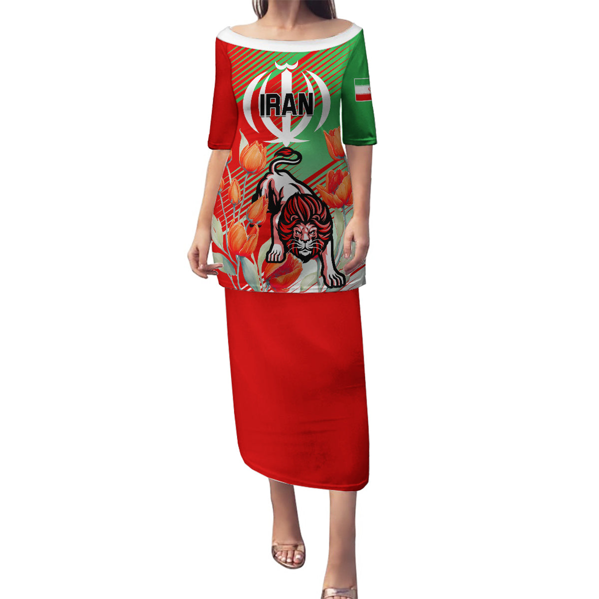 Iran Republic Day Family Matching Puletasi and Hawaiian Shirt Asiatic Lion With Tulip Flower - Wonder Print Shop