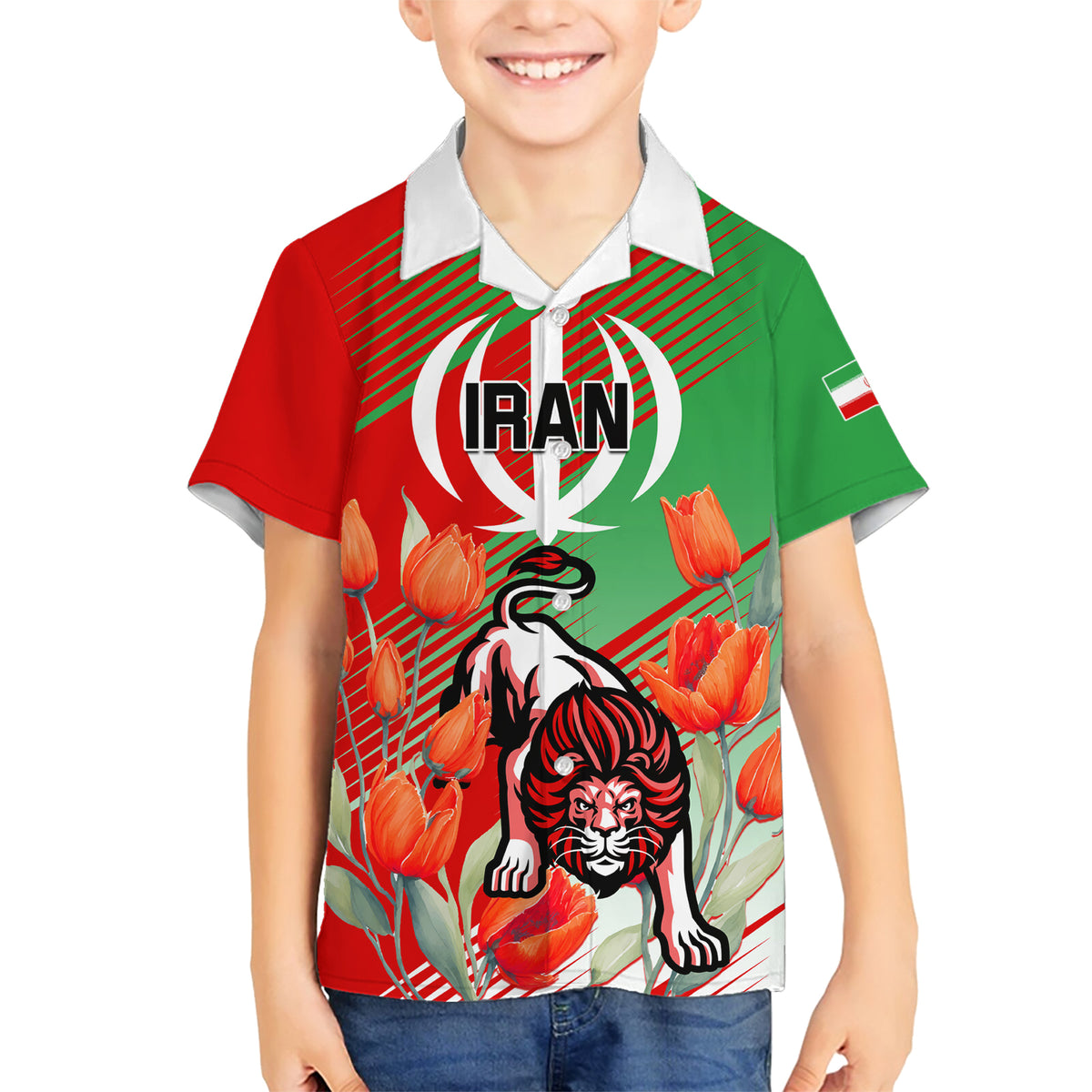 Iran Republic Day Family Matching Short Sleeve Bodycon Dress and Hawaiian Shirt Asiatic Lion With Tulip Flower - Wonder Print Shop