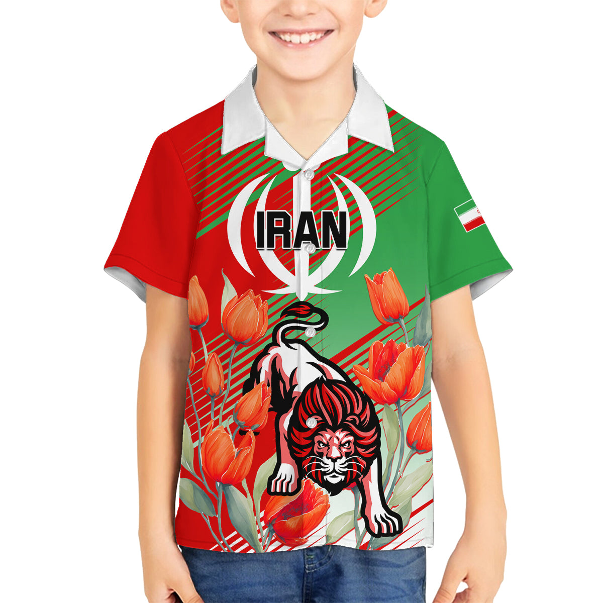 Iran Republic Day Family Matching Tank Maxi Dress and Hawaiian Shirt Asiatic Lion With Tulip Flower - Wonder Print Shop