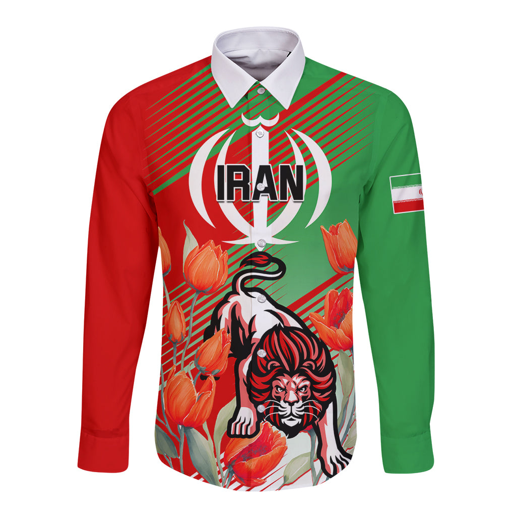 Iran Republic Day Long Sleeve Button Shirt Asiatic Lion With Tulip Flower - Wonder Print Shop