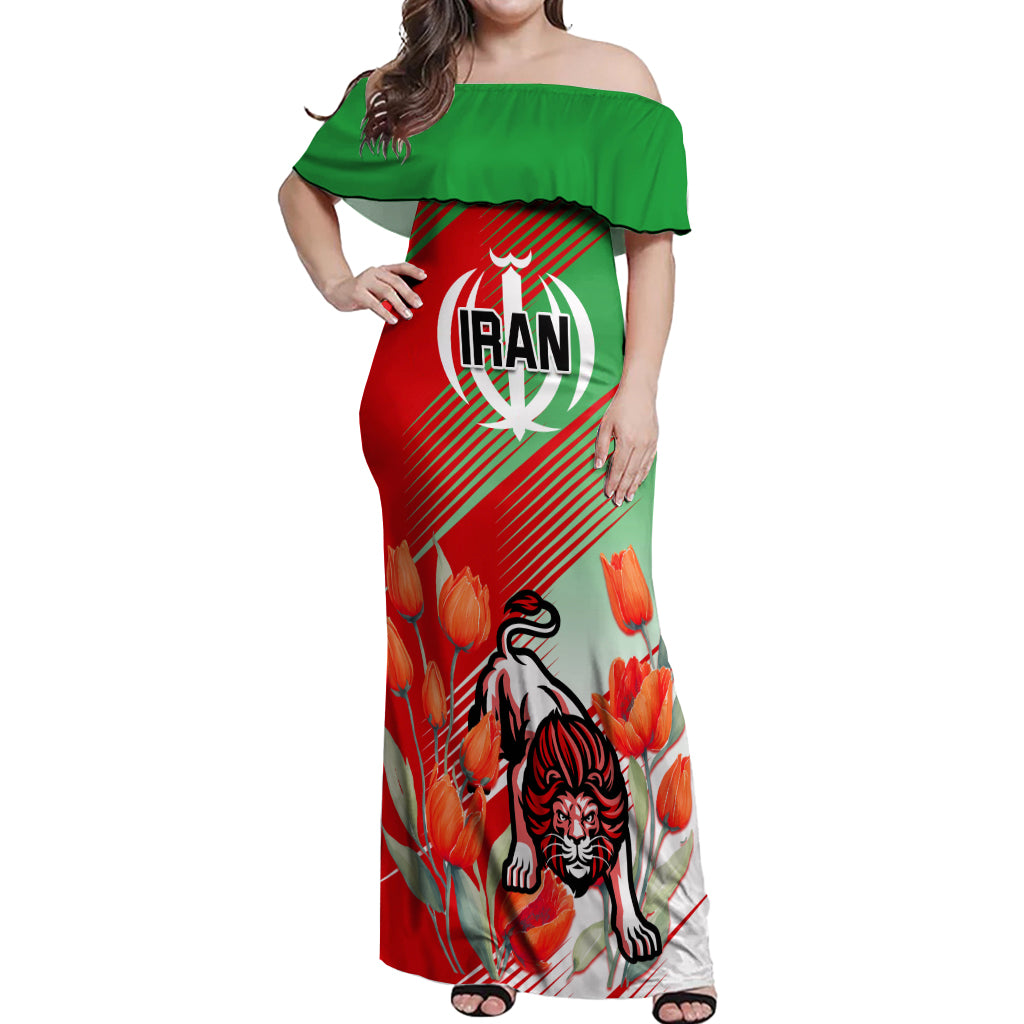 Iran Republic Day Off Shoulder Maxi Dress Asiatic Lion With Tulip Flower - Wonder Print Shop