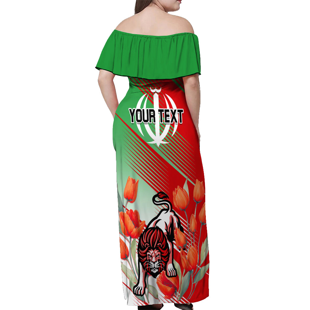 Iran Republic Day Off Shoulder Maxi Dress Asiatic Lion With Tulip Flower - Wonder Print Shop