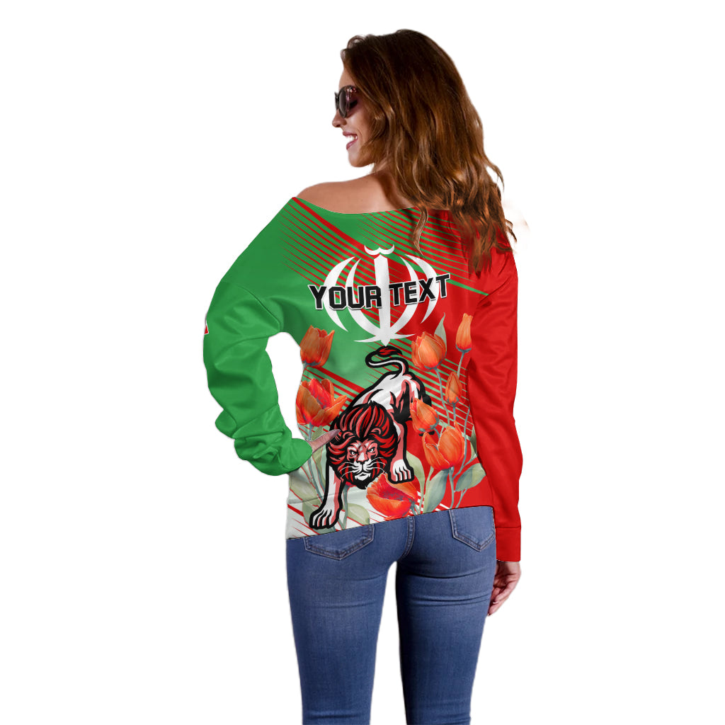 Iran Republic Day Off Shoulder Sweater Asiatic Lion With Tulip Flower - Wonder Print Shop