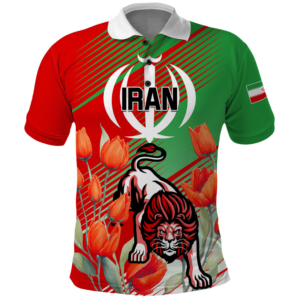 Iran Republic Day Polo Shirt Asiatic Lion With Tulip Flower - Wonder Print Shop