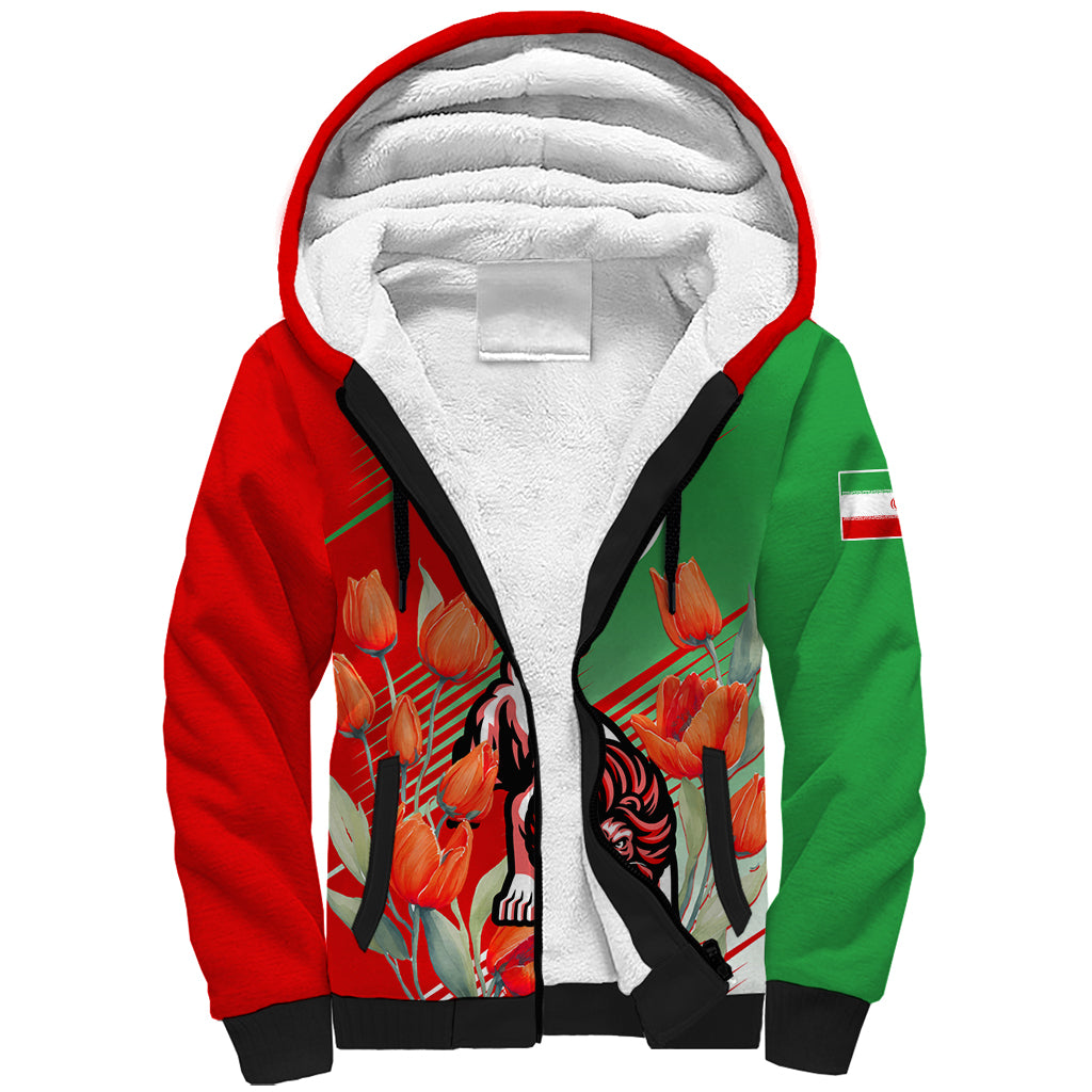 Iran Republic Day Sherpa Hoodie Asiatic Lion With Tulip Flower - Wonder Print Shop