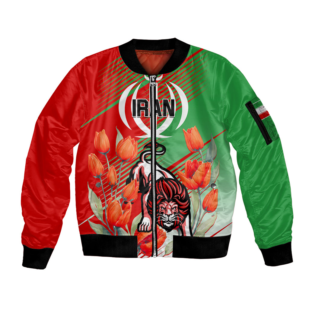 Iran Republic Day Sleeve Zip Bomber Jacket Asiatic Lion With Tulip Flower - Wonder Print Shop