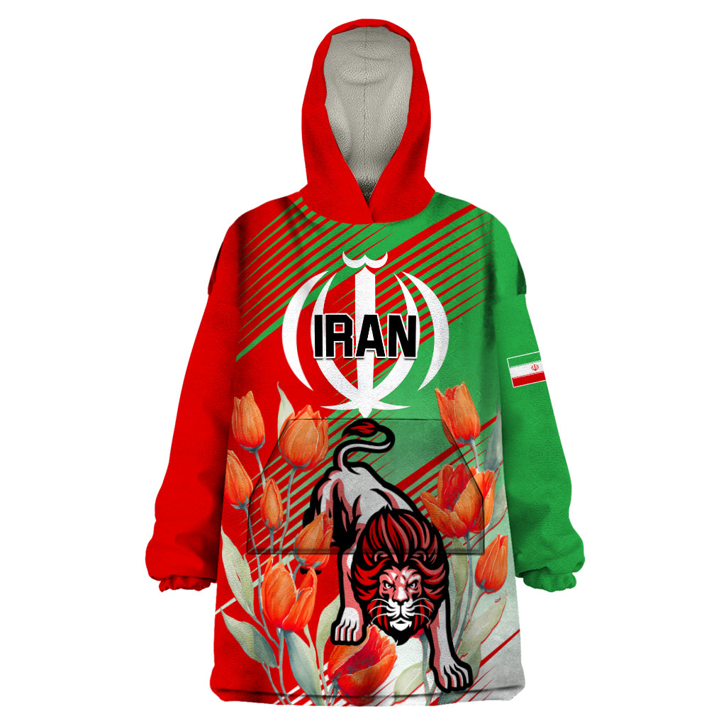 Iran Republic Day Wearable Blanket Hoodie Asiatic Lion With Tulip Flower - Wonder Print Shop