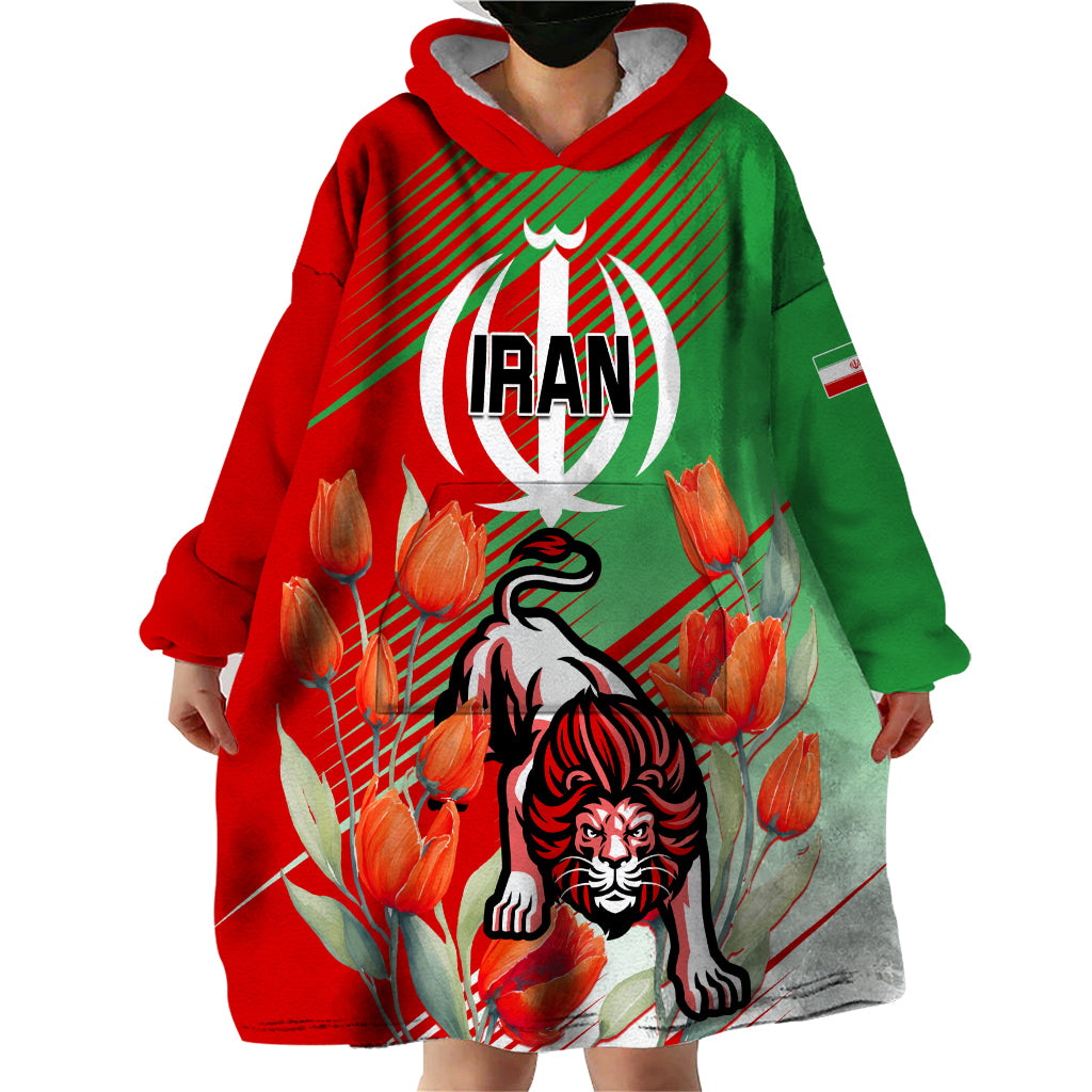 Iran Republic Day Wearable Blanket Hoodie Asiatic Lion With Tulip Flower - Wonder Print Shop