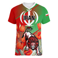Iran Republic Day Women V Neck T Shirt Asiatic Lion With Tulip Flower - Wonder Print Shop