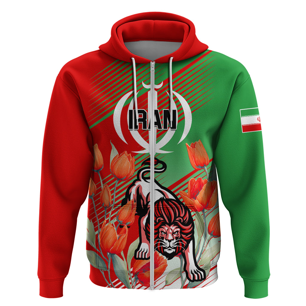 Iran Republic Day Zip Hoodie Asiatic Lion With Tulip Flower - Wonder Print Shop