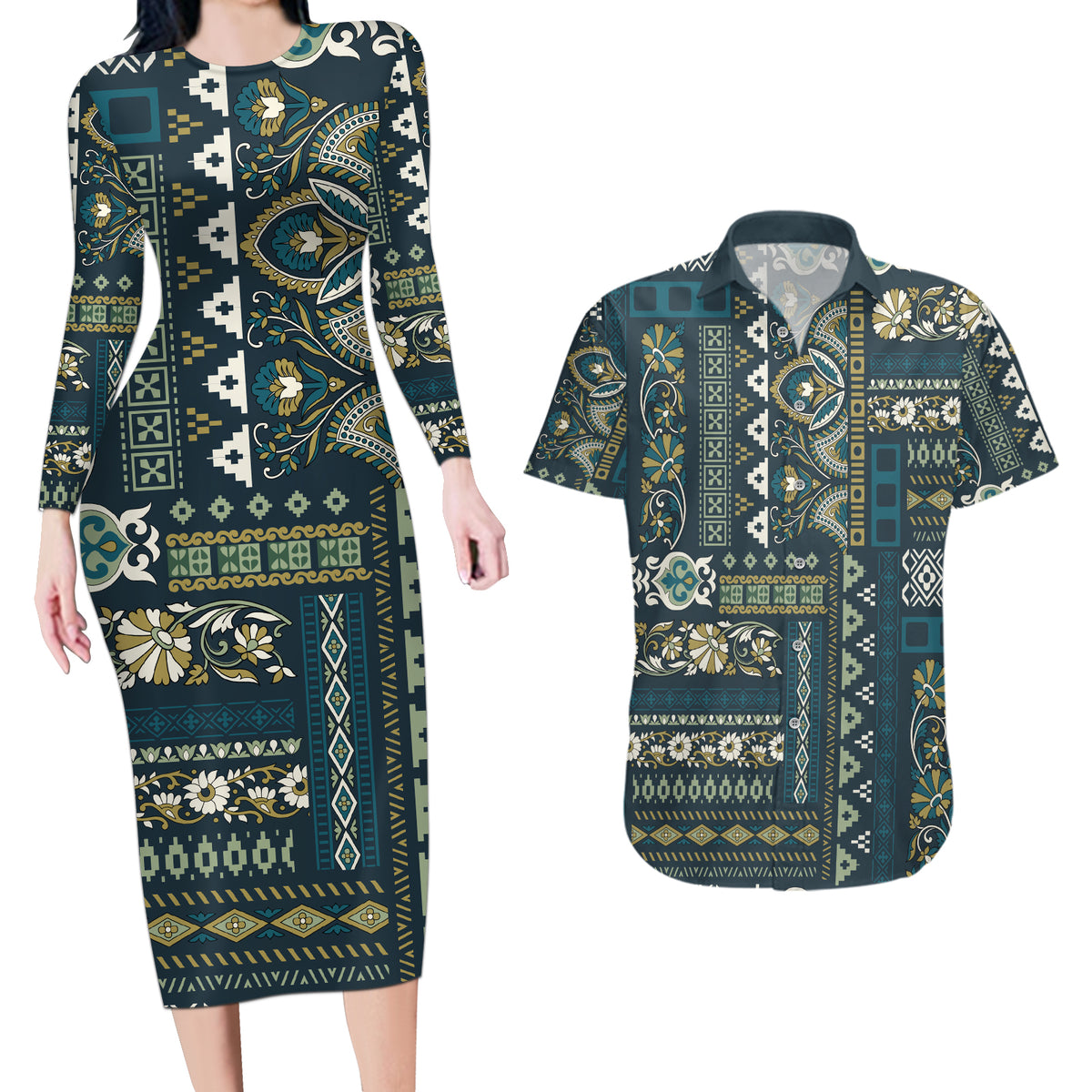 Persian Patchwork Pattern Couples Matching Long Sleeve Bodycon Dress and Hawaiian Shirt Unique Blue - Wonder Print Shop