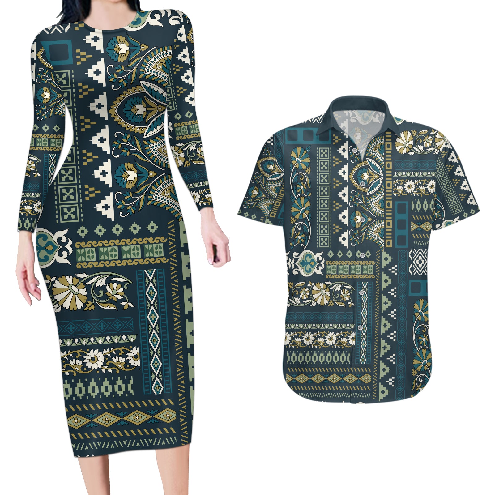 Persian Patchwork Pattern Couples Matching Long Sleeve Bodycon Dress and Hawaiian Shirt Unique Blue - Wonder Print Shop