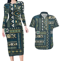 Persian Patchwork Pattern Couples Matching Long Sleeve Bodycon Dress and Hawaiian Shirt Unique Blue - Wonder Print Shop