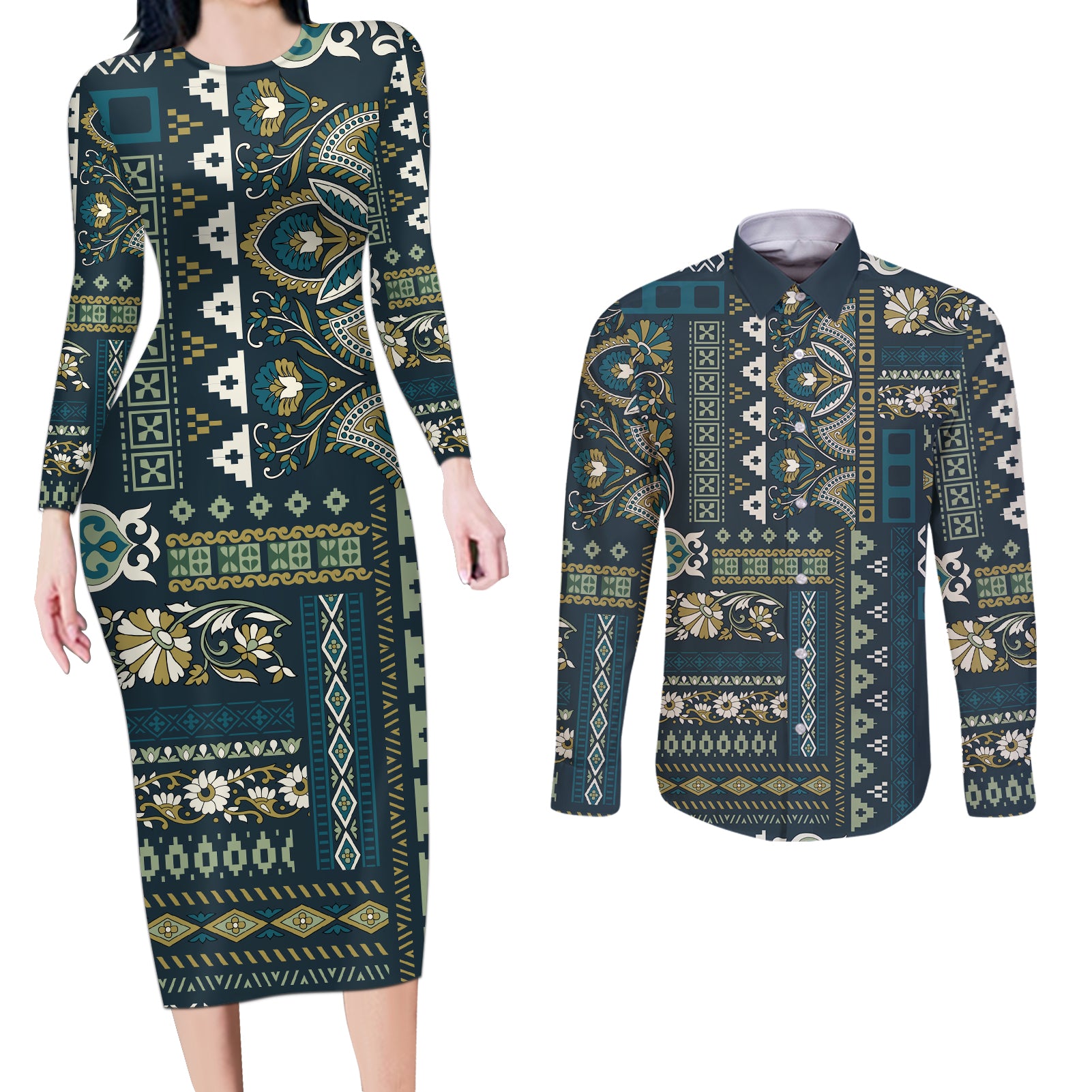 Persian Patchwork Pattern Couples Matching Long Sleeve Bodycon Dress and Long Sleeve Button Shirt Unique Blue - Wonder Print Shop