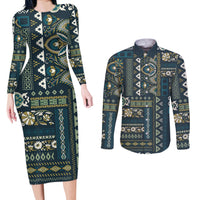 Persian Patchwork Pattern Couples Matching Long Sleeve Bodycon Dress and Long Sleeve Button Shirt Unique Blue - Wonder Print Shop
