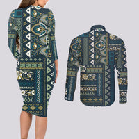 Persian Patchwork Pattern Couples Matching Long Sleeve Bodycon Dress and Long Sleeve Button Shirt Unique Blue - Wonder Print Shop