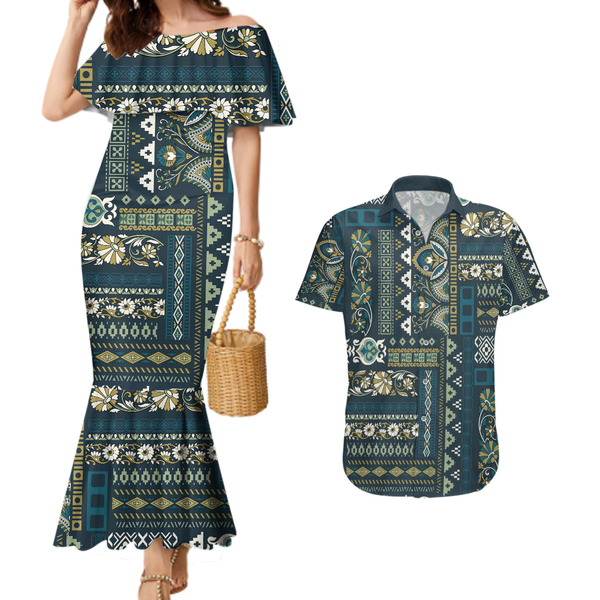 Persian Patchwork Pattern Couples Matching Mermaid Dress and Hawaiian Shirt Unique Blue - Wonder Print Shop