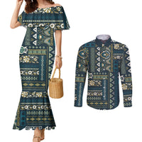 Persian Patchwork Pattern Couples Matching Mermaid Dress and Long Sleeve Button Shirt Unique Blue
