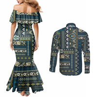 Persian Patchwork Pattern Couples Matching Mermaid Dress and Long Sleeve Button Shirt Unique Blue