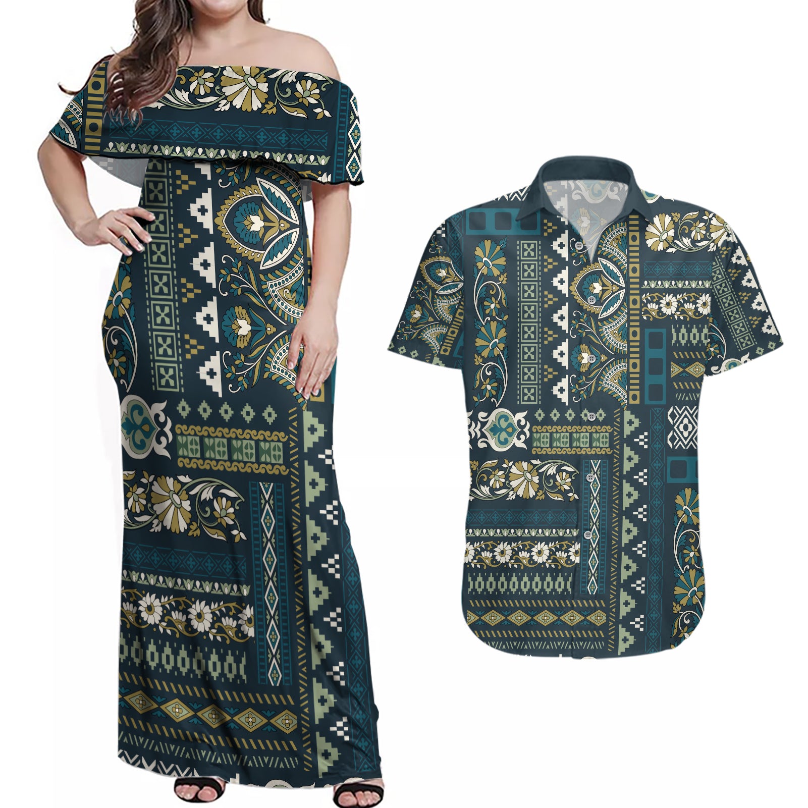 Persian Patchwork Pattern Couples Matching Off Shoulder Maxi Dress and Hawaiian Shirt Unique Blue - Wonder Print Shop