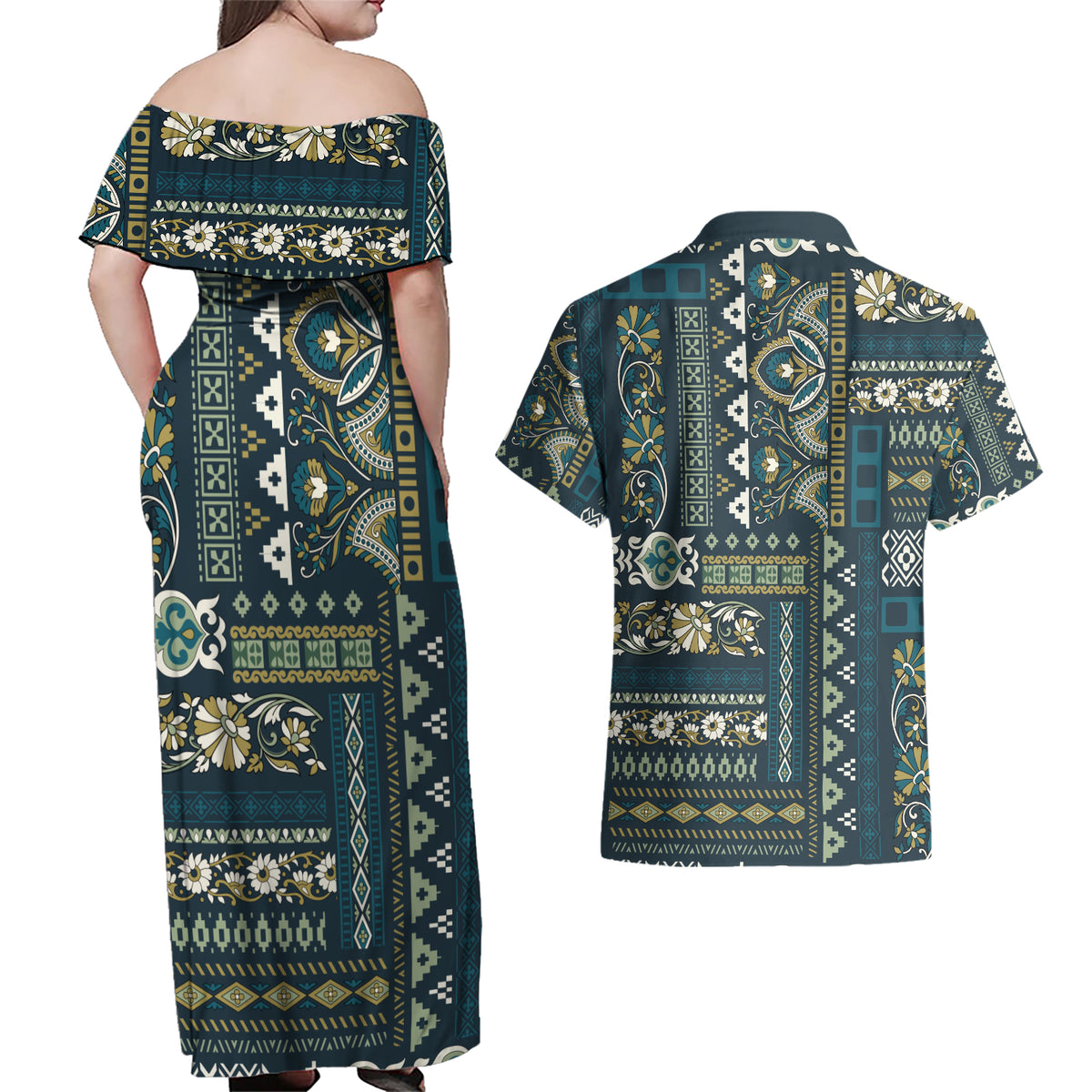 Persian Patchwork Pattern Couples Matching Off Shoulder Maxi Dress and Hawaiian Shirt Unique Blue - Wonder Print Shop