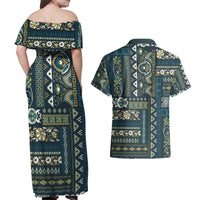 Persian Patchwork Pattern Couples Matching Off Shoulder Maxi Dress and Hawaiian Shirt Unique Blue - Wonder Print Shop