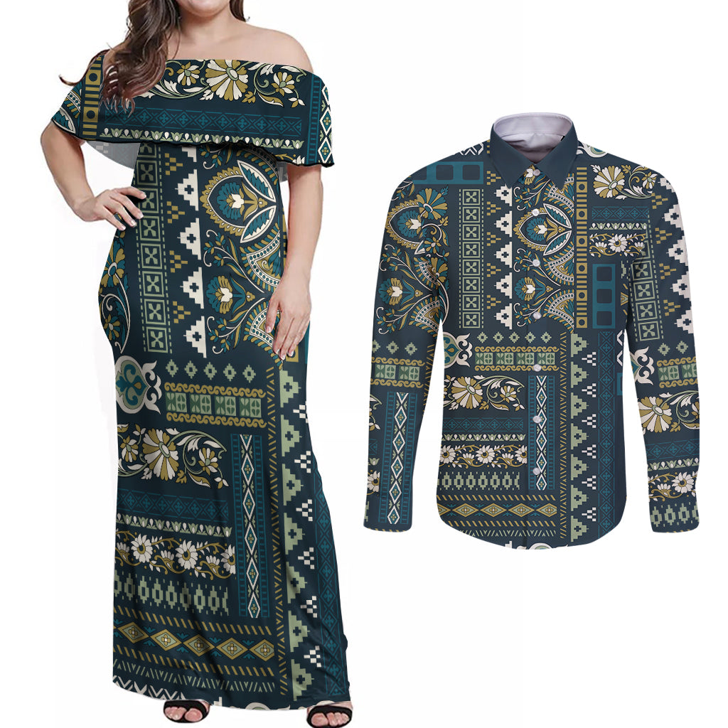 Persian Patchwork Pattern Couples Matching Off Shoulder Maxi Dress and Long Sleeve Button Shirt Unique Blue - Wonder Print Shop