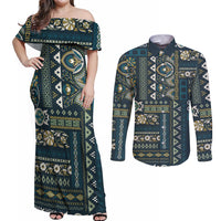 Persian Patchwork Pattern Couples Matching Off Shoulder Maxi Dress and Long Sleeve Button Shirt Unique Blue - Wonder Print Shop