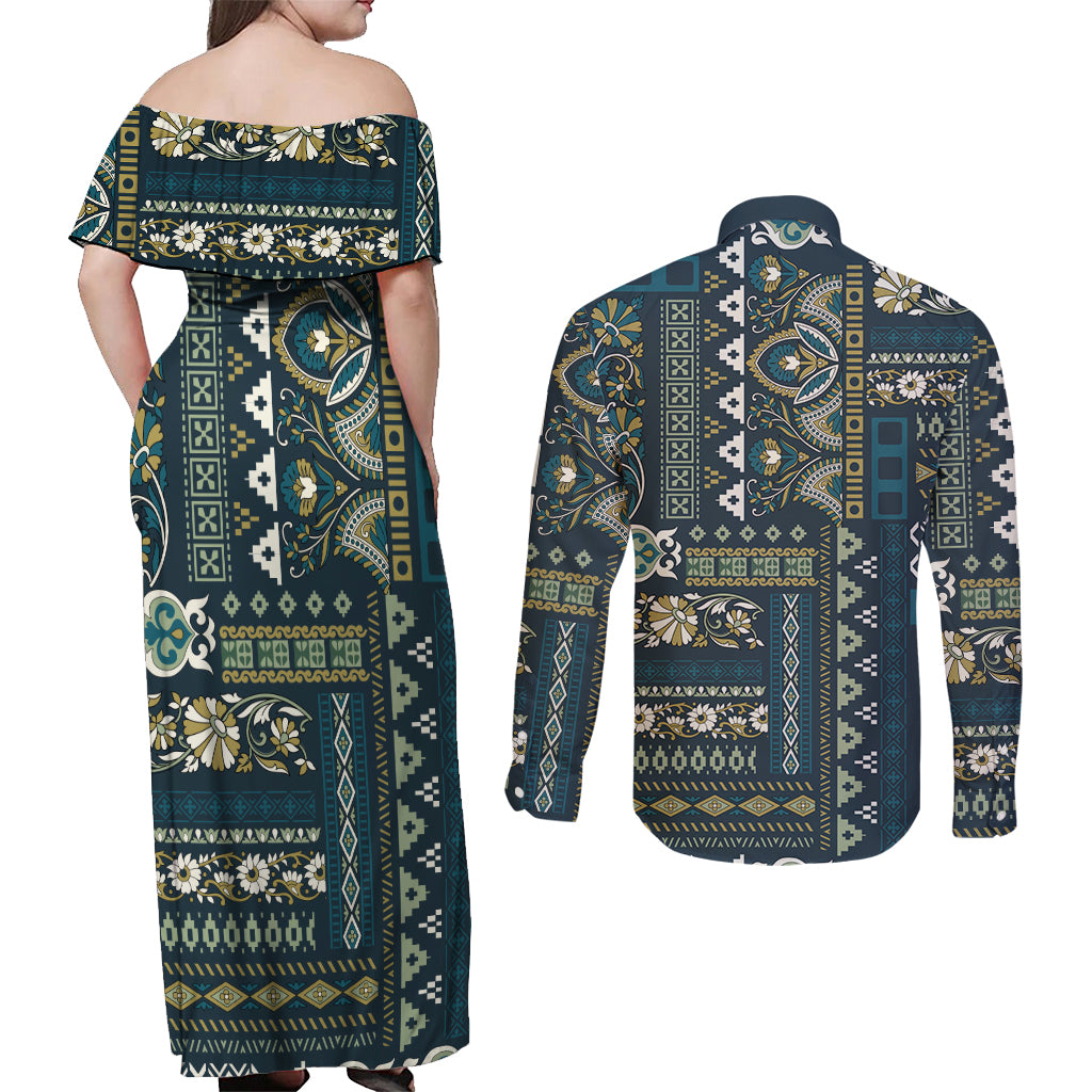 Persian Patchwork Pattern Couples Matching Off Shoulder Maxi Dress and Long Sleeve Button Shirt Unique Blue - Wonder Print Shop