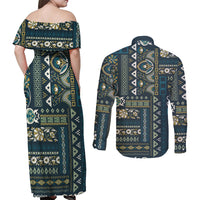 Persian Patchwork Pattern Couples Matching Off Shoulder Maxi Dress and Long Sleeve Button Shirt Unique Blue - Wonder Print Shop