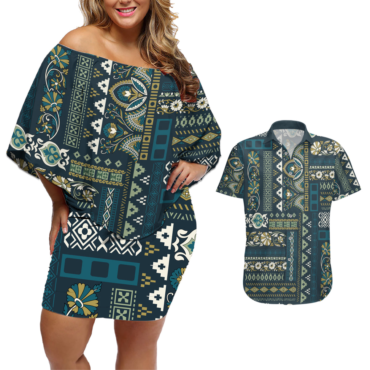 Persian Patchwork Pattern Couples Matching Off Shoulder Short Dress and Hawaiian Shirt Unique Blue - Wonder Print Shop