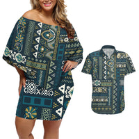 Persian Patchwork Pattern Couples Matching Off Shoulder Short Dress and Hawaiian Shirt Unique Blue - Wonder Print Shop