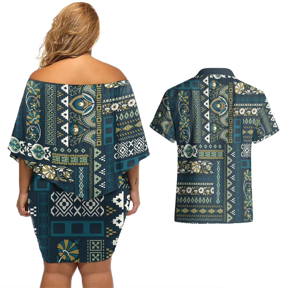 Persian Patchwork Pattern Couples Matching Off Shoulder Short Dress and Hawaiian Shirt Unique Blue - Wonder Print Shop