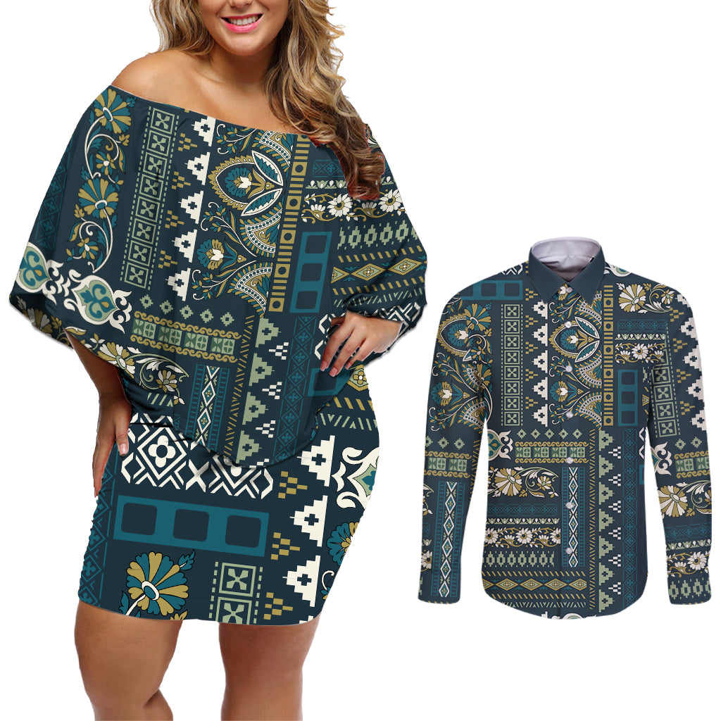 Persian Patchwork Pattern Couples Matching Off Shoulder Short Dress and Long Sleeve Button Shirt Unique Blue - Wonder Print Shop