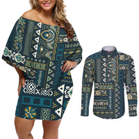 Persian Patchwork Pattern Couples Matching Off Shoulder Short Dress and Long Sleeve Button Shirt Unique Blue - Wonder Print Shop