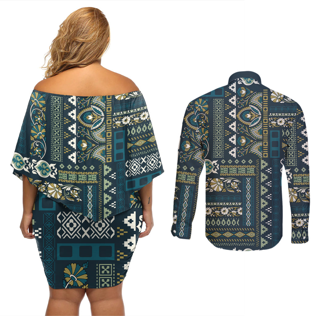 Persian Patchwork Pattern Couples Matching Off Shoulder Short Dress and Long Sleeve Button Shirt Unique Blue - Wonder Print Shop