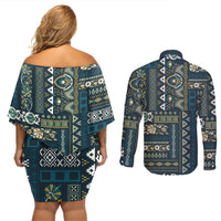 Persian Patchwork Pattern Couples Matching Off Shoulder Short Dress and Long Sleeve Button Shirt Unique Blue - Wonder Print Shop