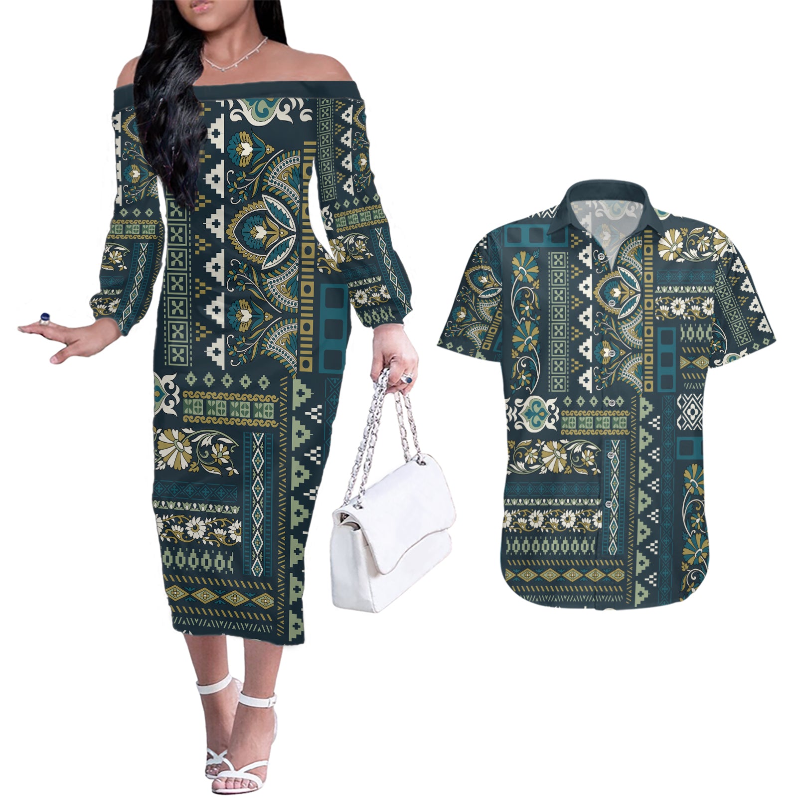 Persian Patchwork Pattern Couples Matching Off The Shoulder Long Sleeve Dress and Hawaiian Shirt Unique Blue - Wonder Print Shop