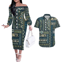 Persian Patchwork Pattern Couples Matching Off The Shoulder Long Sleeve Dress and Hawaiian Shirt Unique Blue - Wonder Print Shop