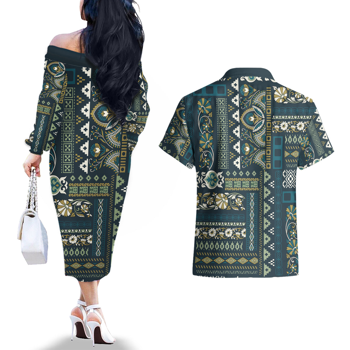 Persian Patchwork Pattern Couples Matching Off The Shoulder Long Sleeve Dress and Hawaiian Shirt Unique Blue - Wonder Print Shop