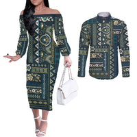 Persian Patchwork Pattern Couples Matching Off The Shoulder Long Sleeve Dress and Long Sleeve Button Shirt Unique Blue